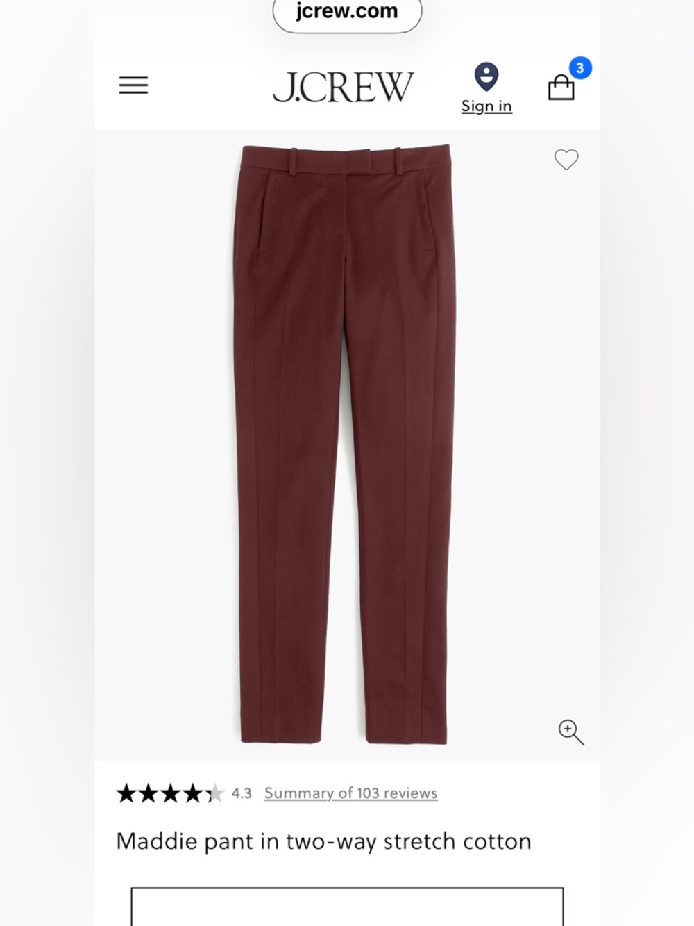 J.Crew Slim Maddie Pants in two-way stretch cotton - Deep Burgundy, 8P
